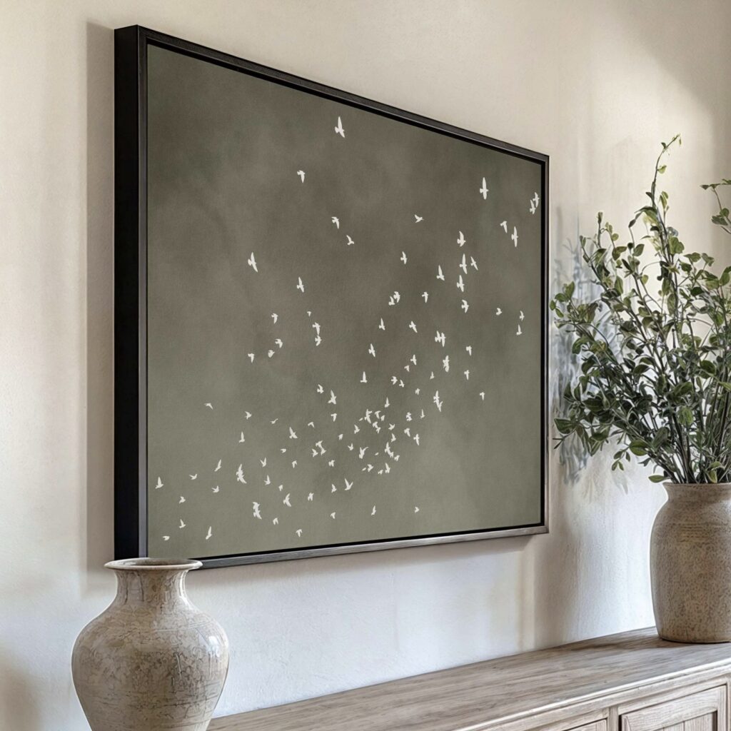 Wabi sabi wall art with birds canvas above a rustic vase and sideboard