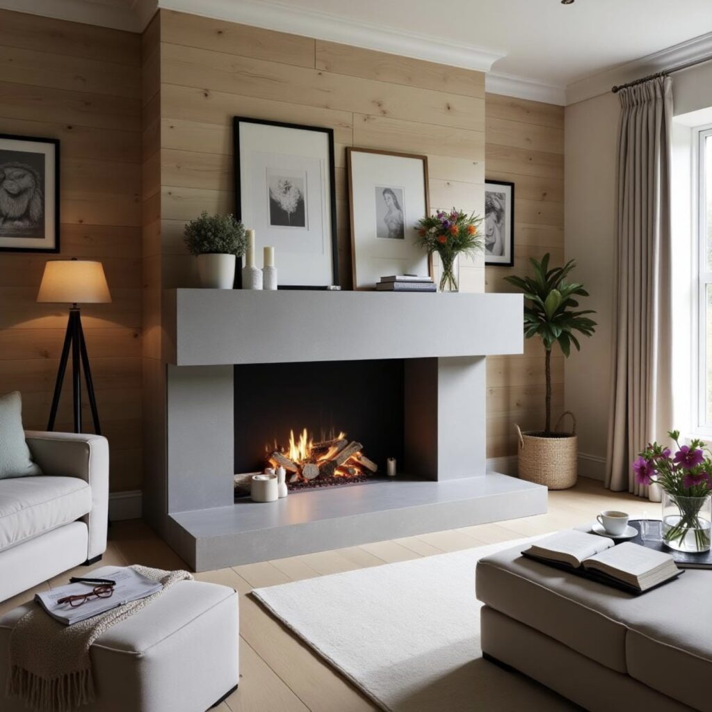 Rustic reclaimed wood wall panelling with fireplace in a cosy living room.