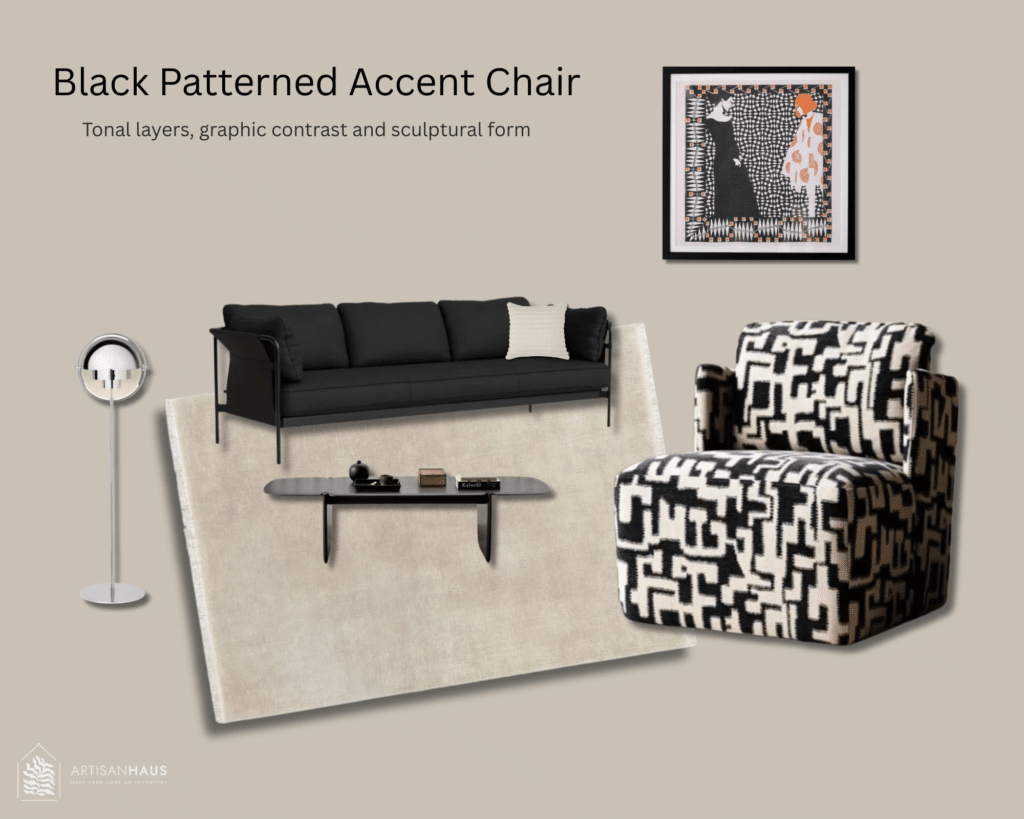 Black patterned accent chair styled with a monochrome sofa, neutral rug and sculptural lighting in a modern UK living room moodboard