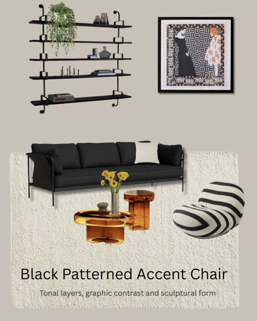 Moodboard of a black and white striped sculptural accent chair with a charcoal sofa, amber glass side tables, black wall shelving and a graphic framed print on a cream textured rug