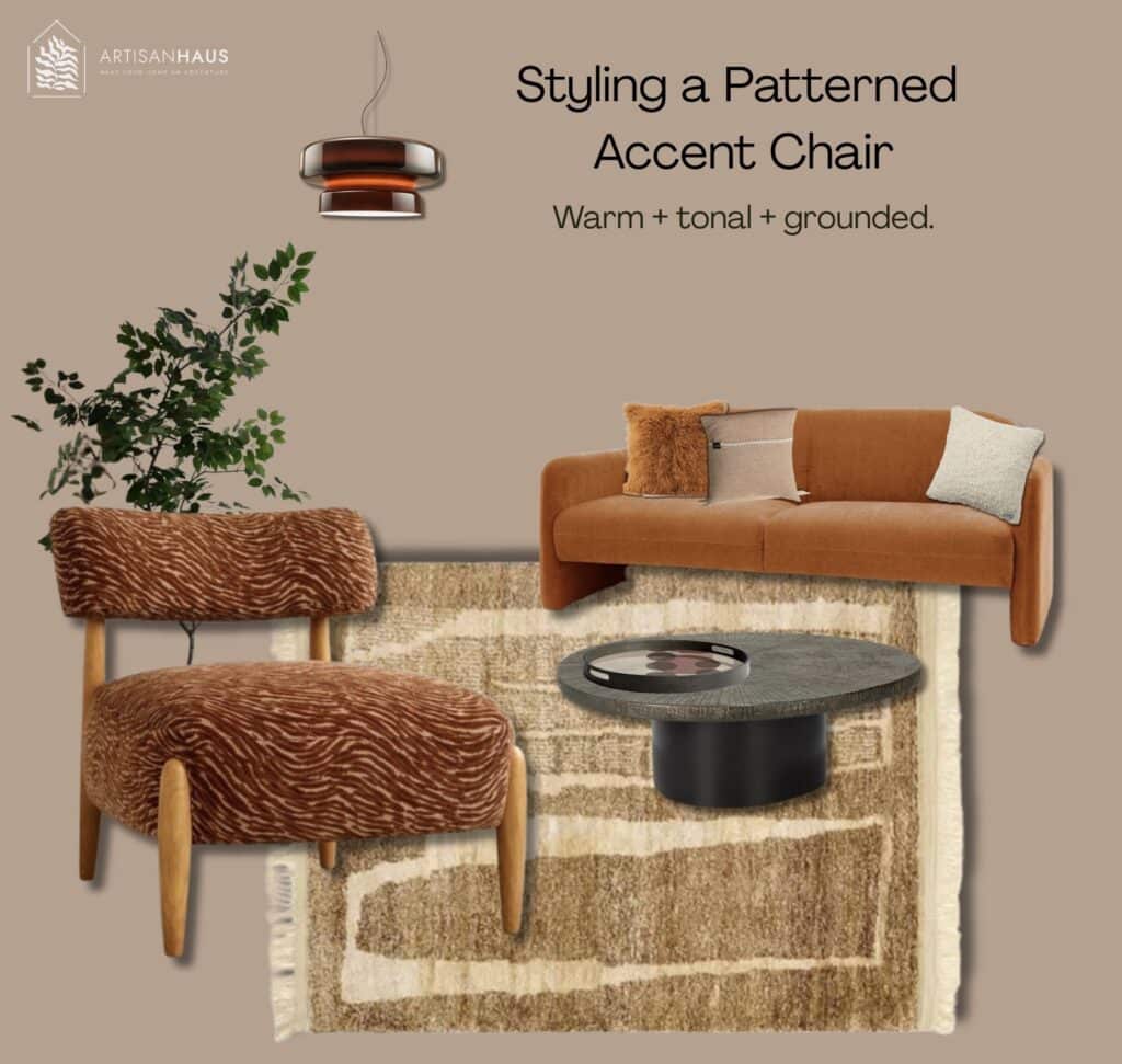 Patterned accent chairs styled with a warm neutral sofa, textured rug and dark round coffee table in a layered living room scheme.