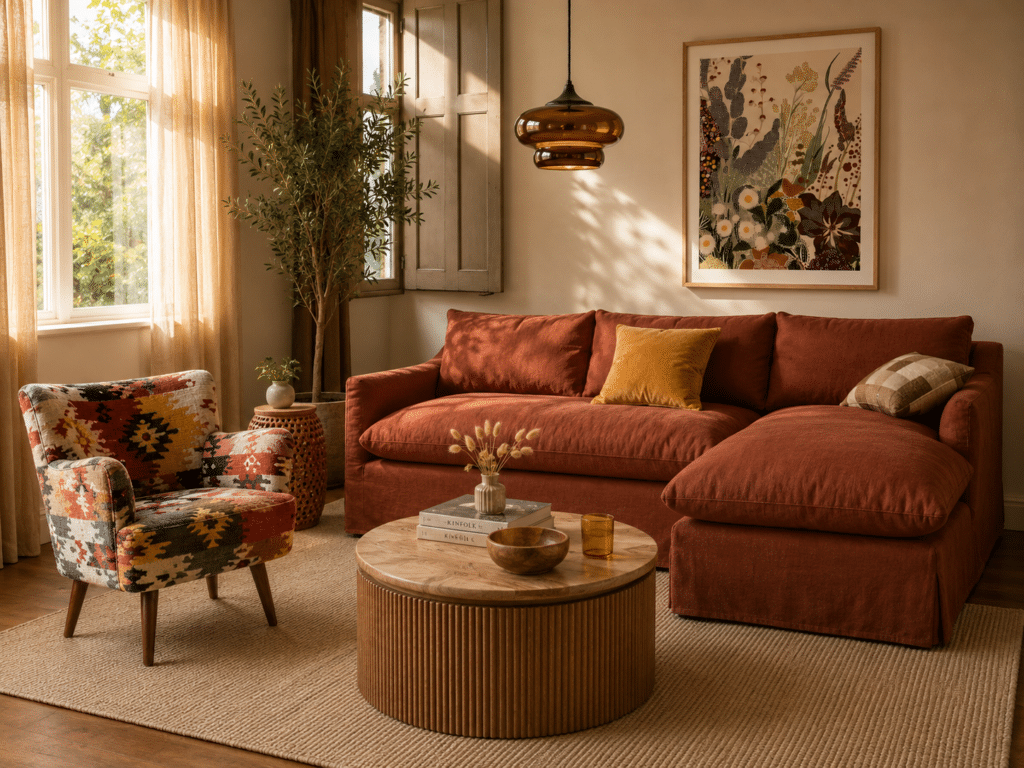 Arte Armchair in geometric patterned fabric styled with rust terracotta sofa, jute rug and fluted wood coffee table in a warm living room.