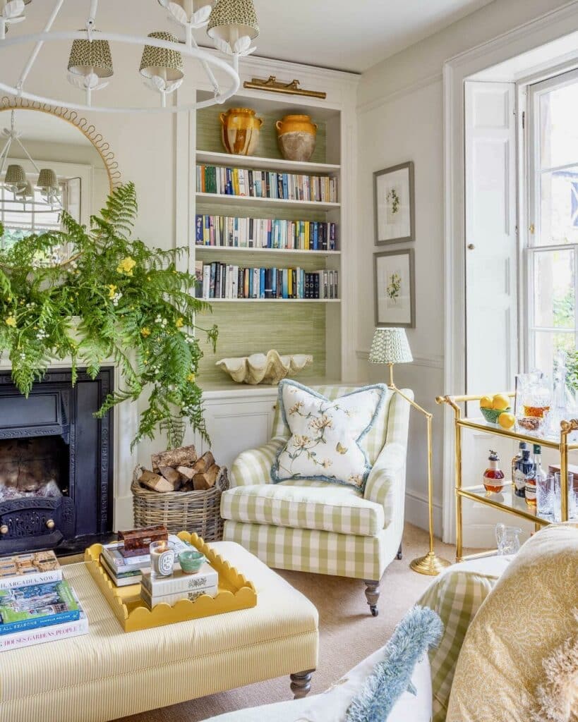 Sage green gingham check armchair beside a fireplace in a bright neutral living room with fern and brass drinks trolley