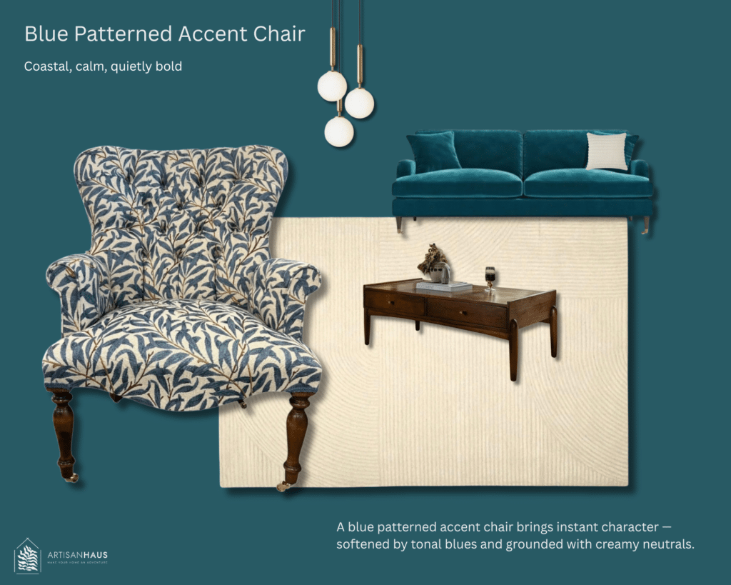 Patterned accent chairs blue moodboard