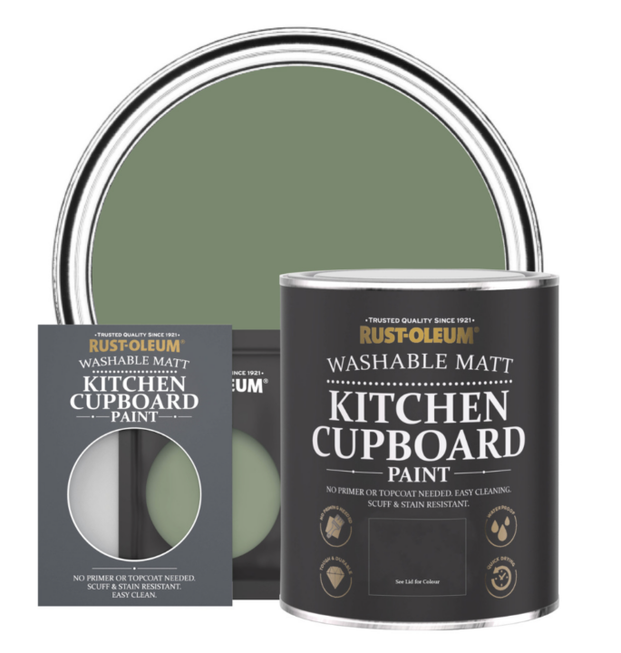 Rust-Oleum Washable Matt Kitchen Cupboard Paint in sage green, ideal for refreshing kitchen cabinets with an earthy and elegant finish.