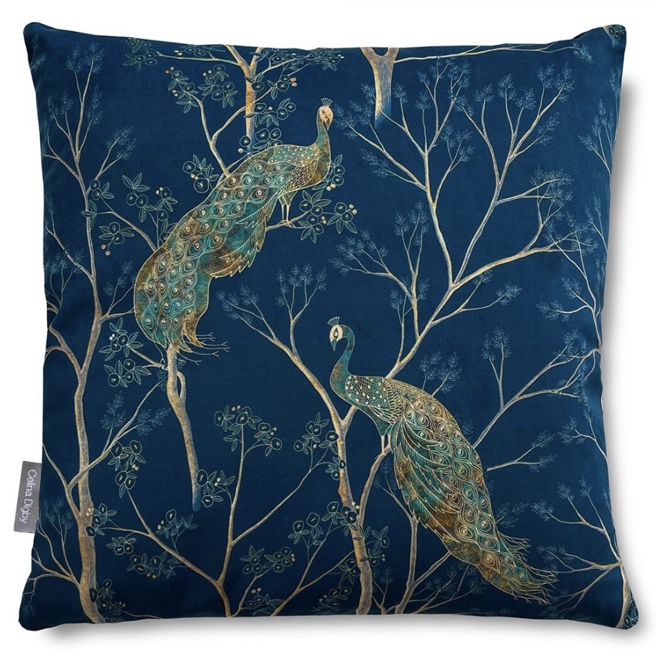 Navy velvet cushion with gold chinoiserie peacock design