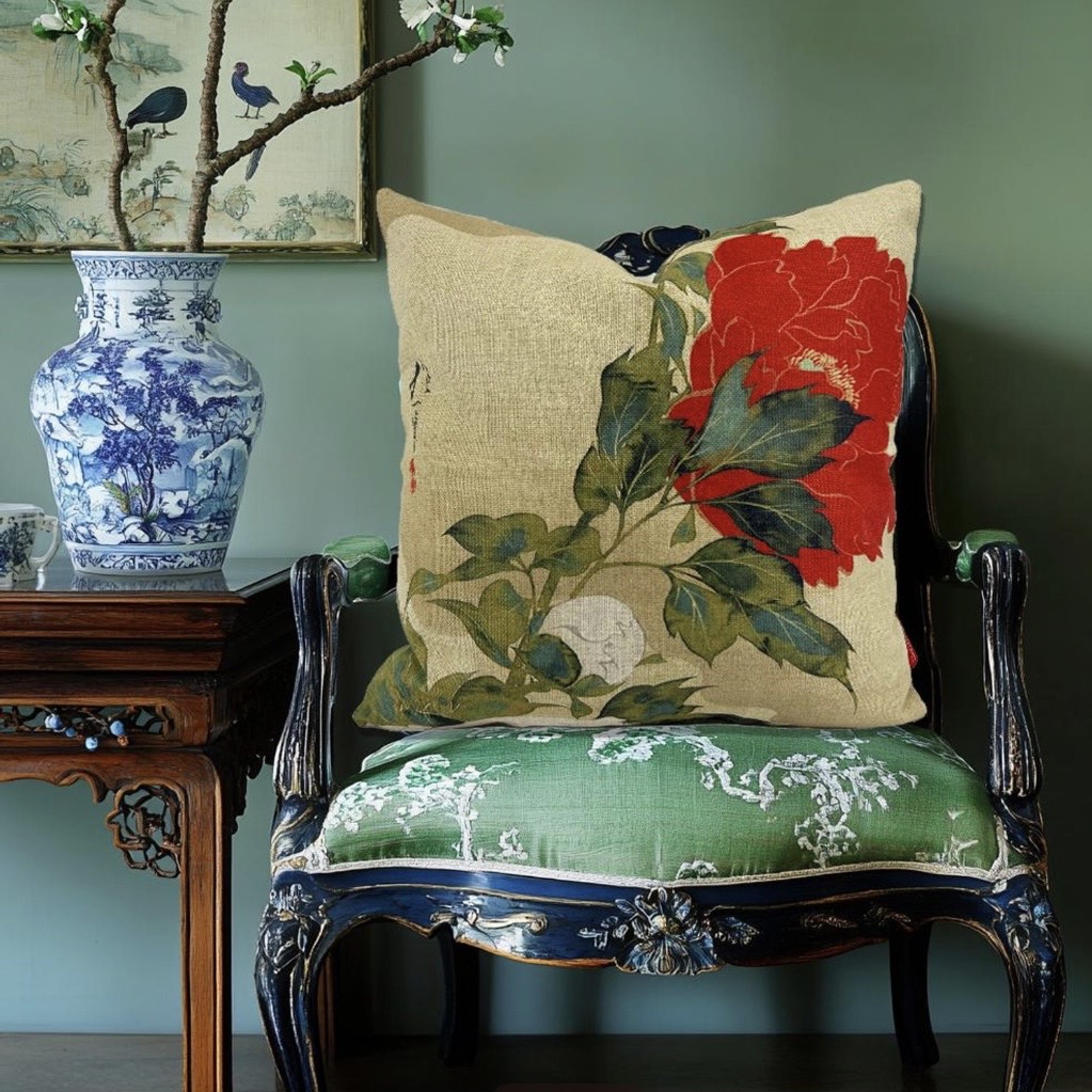 Red peony chinoiserie cushion styled on an antique green upholstered chair beside blue and white porcelain