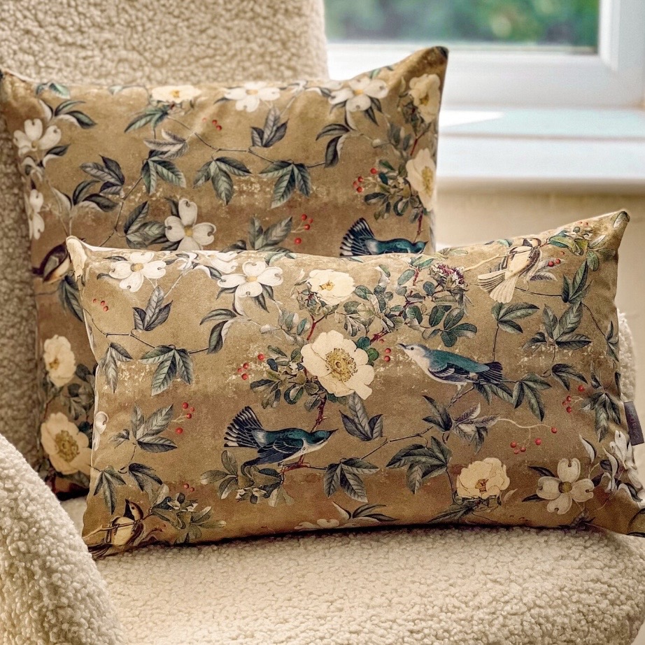 Chinoiserie floral and bird velvet cushions in gold tones, square and bolster styles