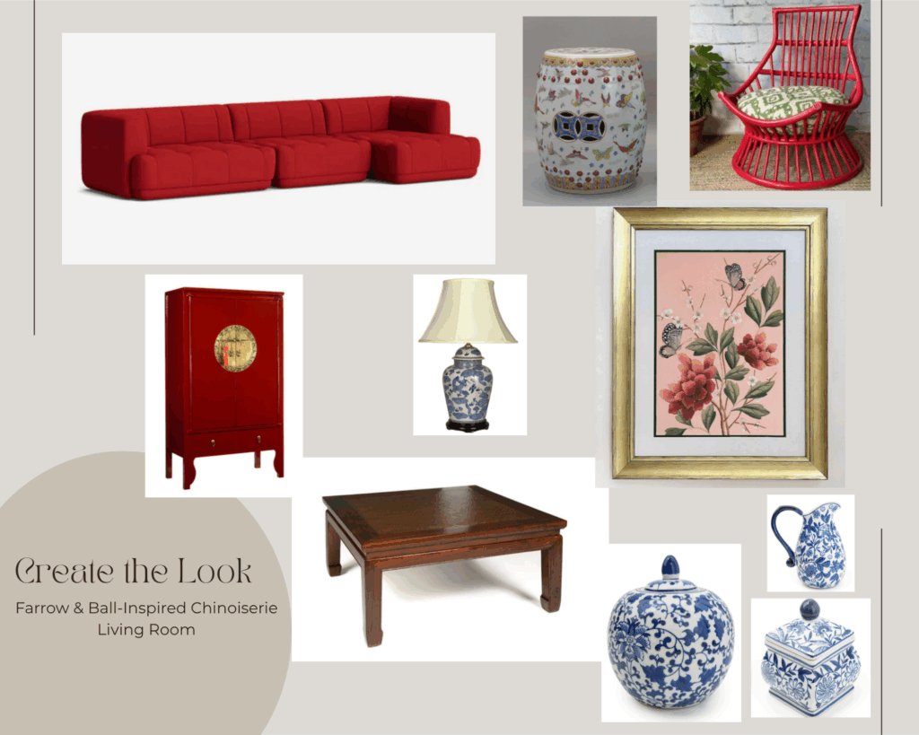 Farrow and Ball-inspired Chinoiserie living room moodboard featuring a red sofa, oriental lacquer cabinet, bamboo chair, blue and white porcelain, and chinoiserie floral art.