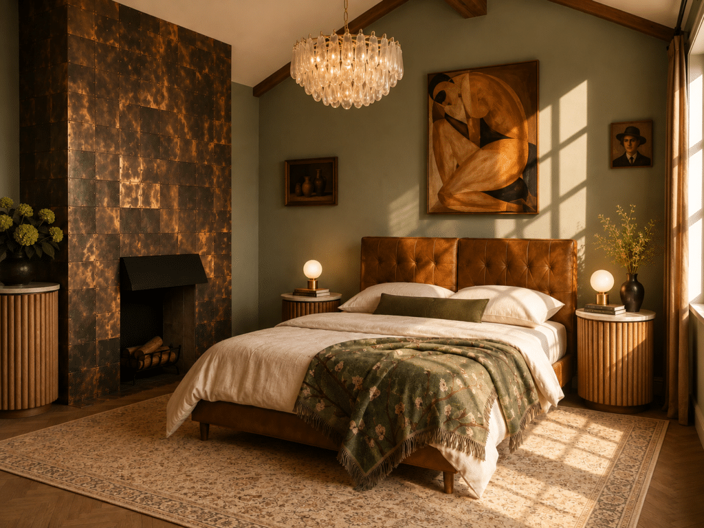 Rustic green and beige bedroom with tan leather bed, copper fireplace surround, floral throw and crystal chandelier — AI visualisation by Artisan Haus