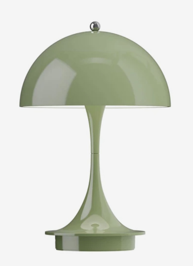 Glossy green mushroom-style table lamp – playful lighting for modern green and beige bedroom interiors