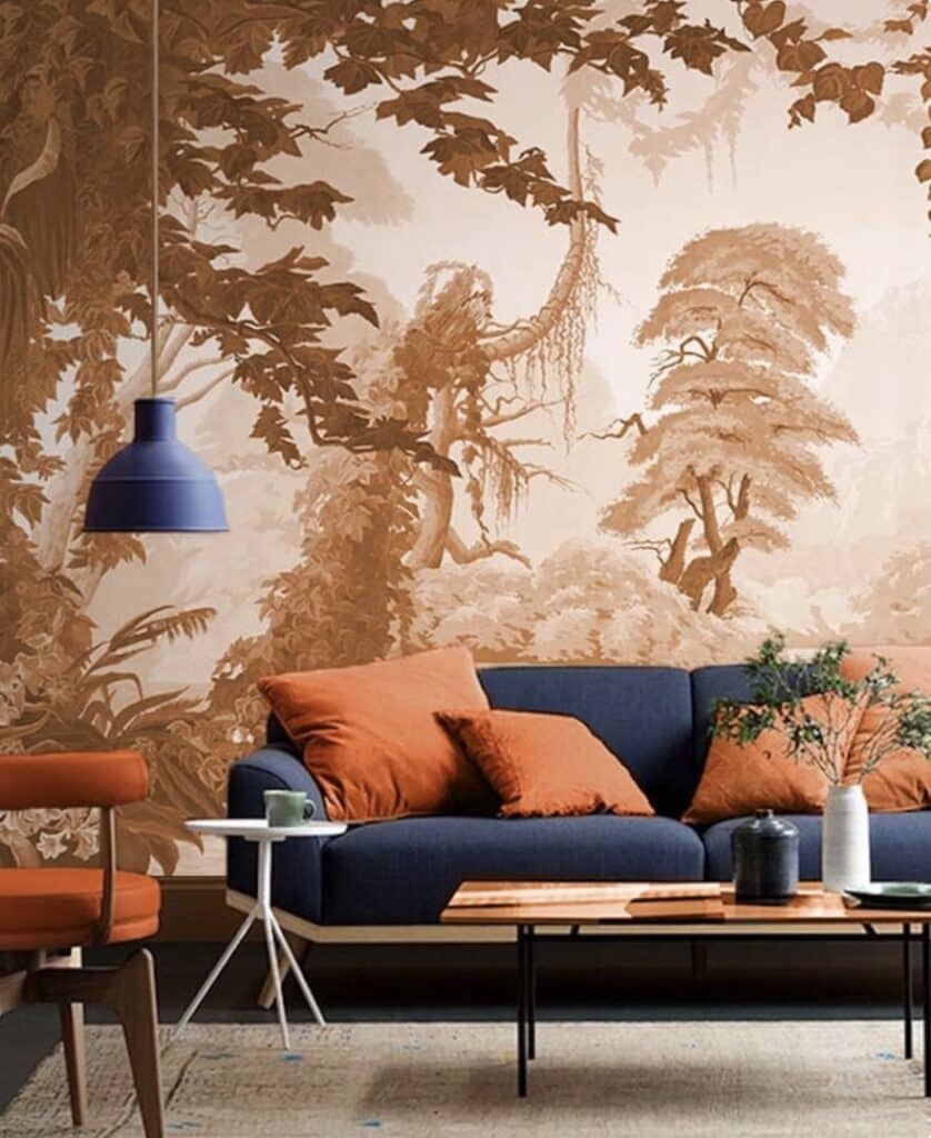 Terracotta French scenic chinoiserie wallpaper mural by DAVIDQIANART