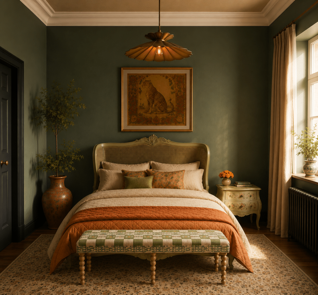 Forest green and beige bedroom with French caned bed, brass pendant light and leopard print wall art — AI visualisation by Artisan Haus