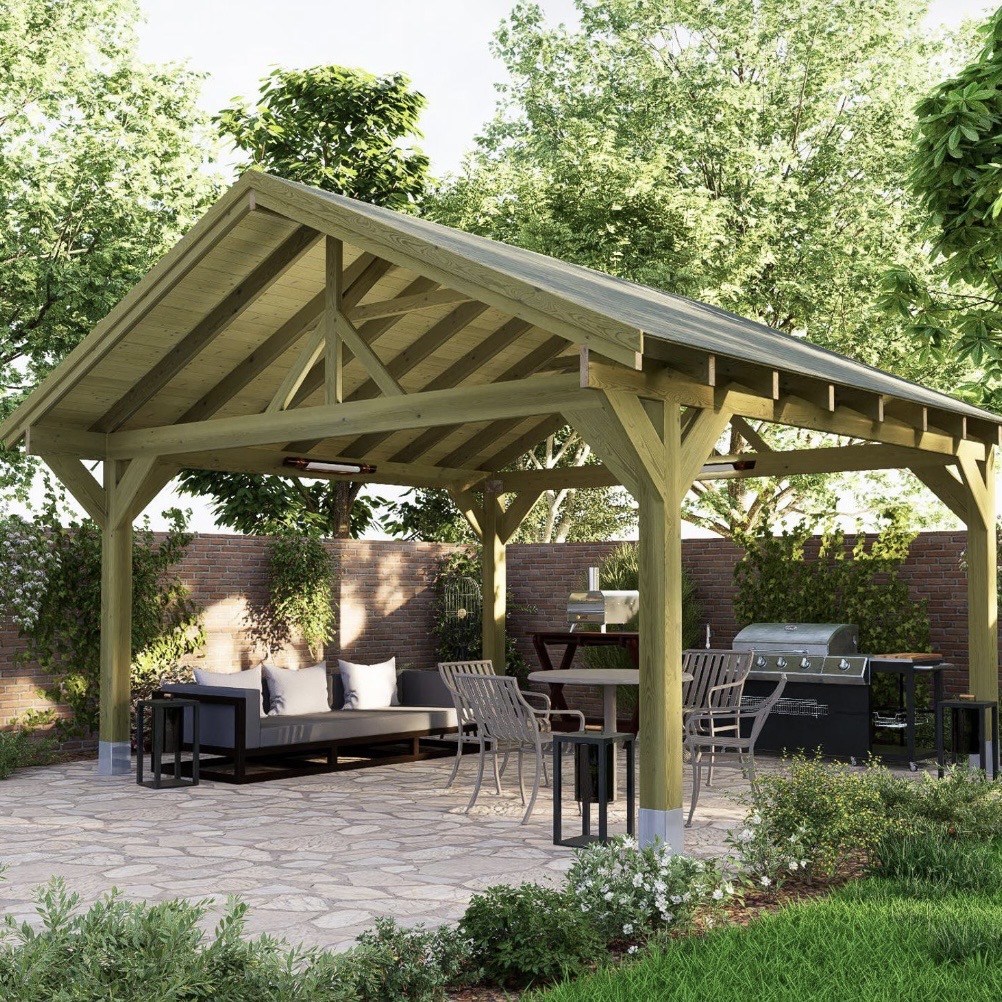 Large timber-framed apex gazebo over stone patio with outdoor dining set