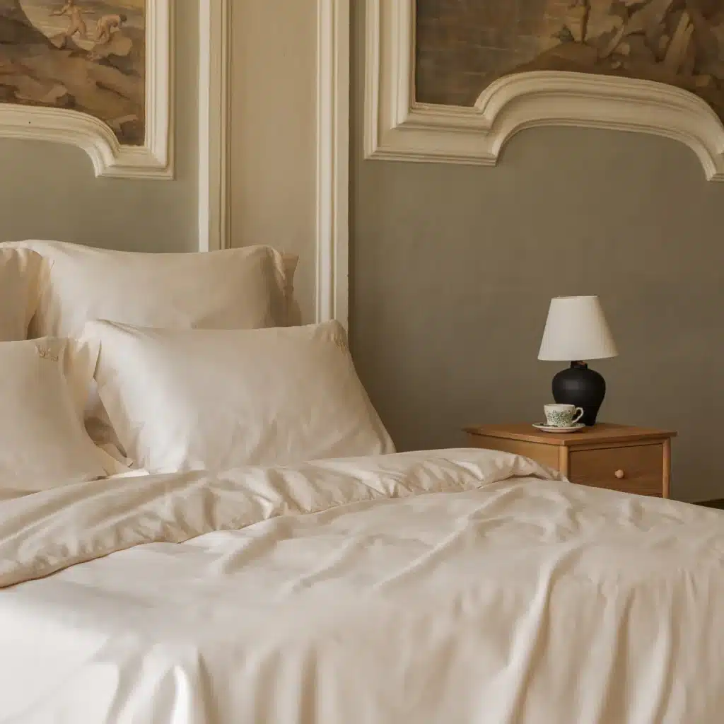 Beige and grey bedroom with cream satin bedding, sage plaster walls, ornate wall mouldings and a black ceramic lamp.