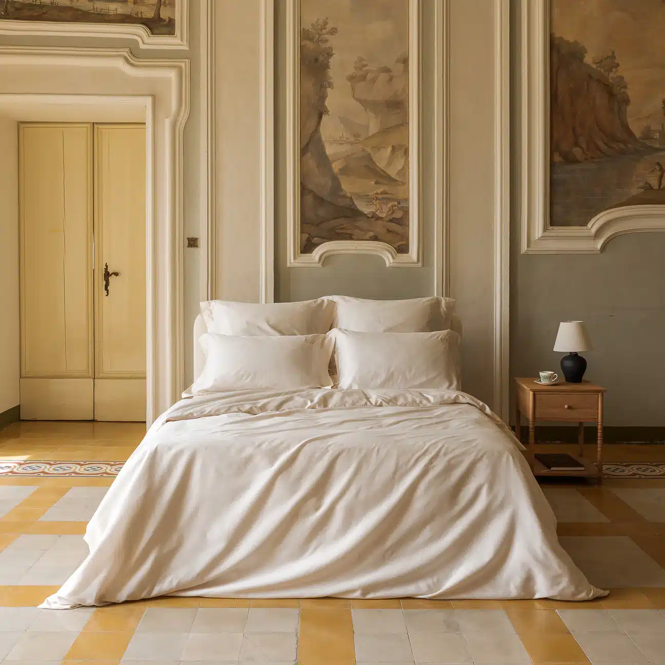 Luxury beige bedroom with cream satin bedding, grand fresco wall panels and a stone and gold tile floor. 