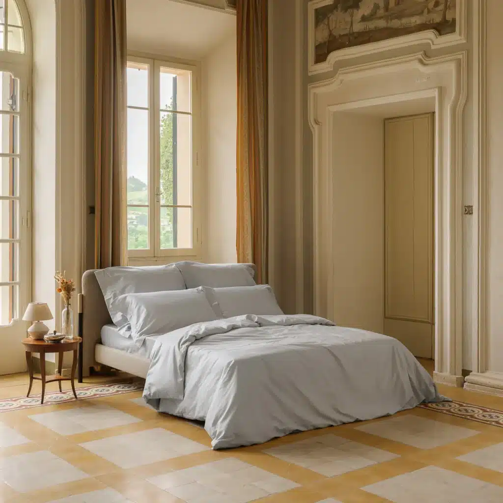 Grey and beige bedroom with silver cotton bedding, ornate wall mouldings and a geometric stone floor