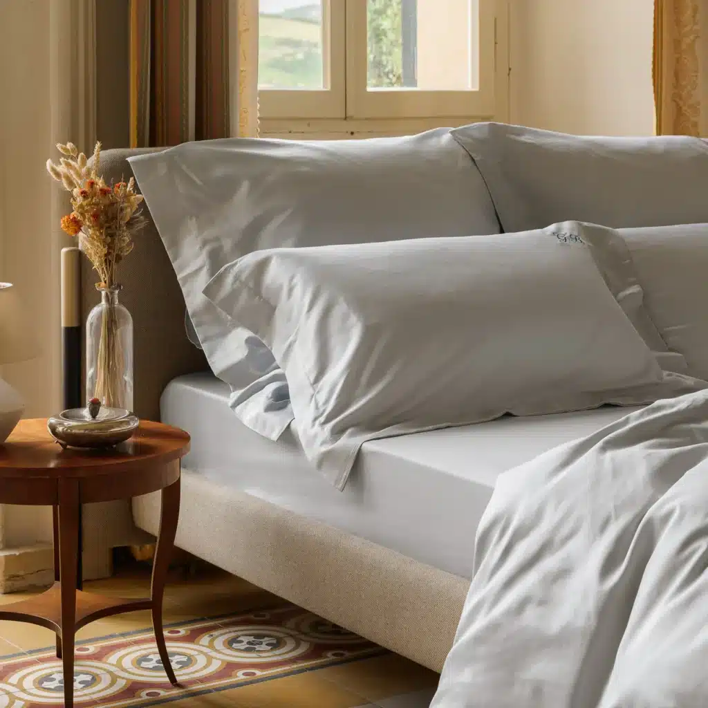 Grey cotton bedding with a linen headboard and warm wood bedside table in a beige bedroom