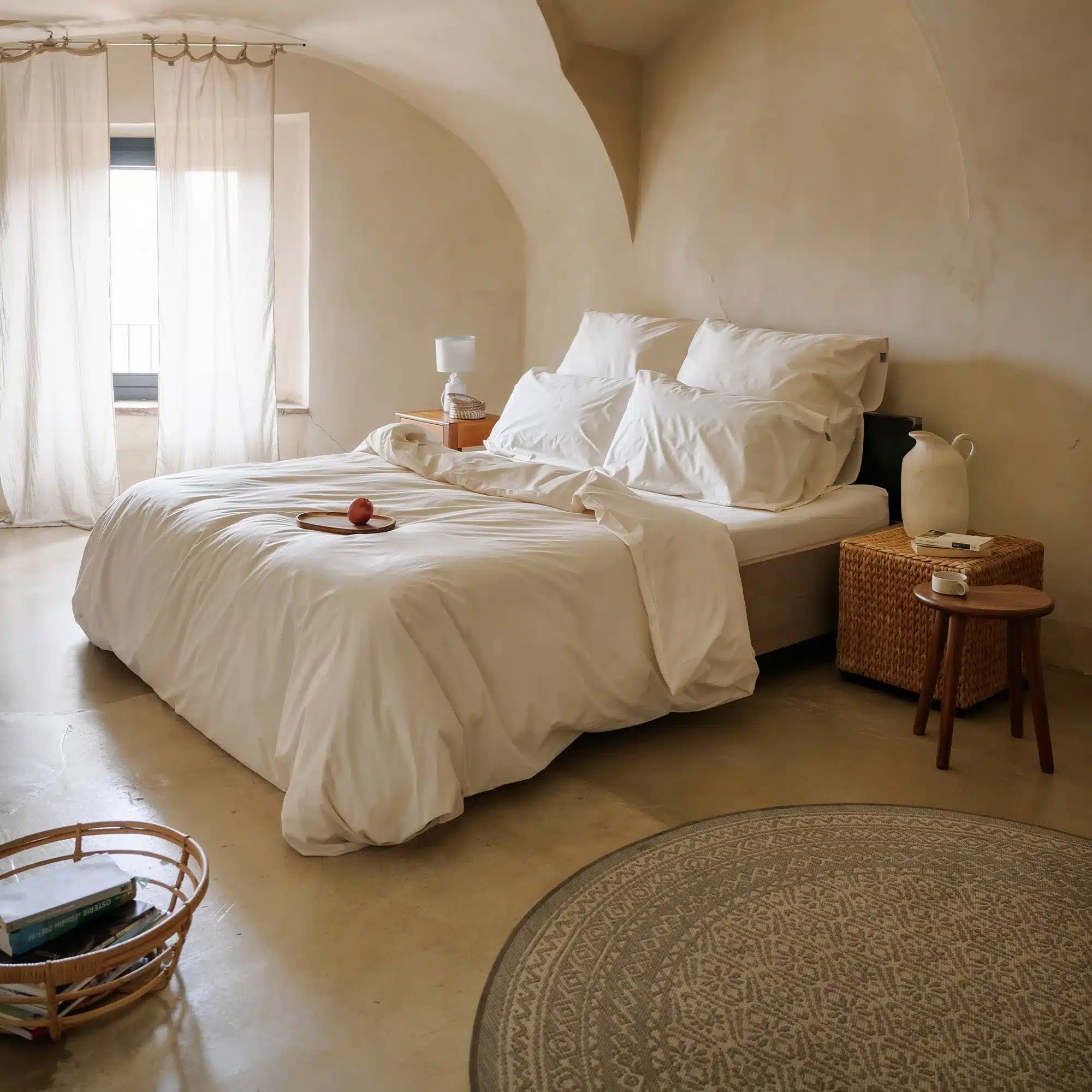 Wabi-sabi beige bedroom with vaulted plaster walls, concrete floor, cream bedding, rattan basket, wooden stool and a round kilim rug. Bedding: Dalfilo