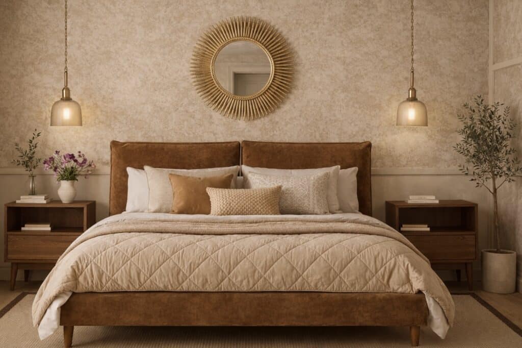 Luxury beige bedroom with textured bedroom wallpaper, bronze velvet bed, walnut bedside tables and pendant lights
