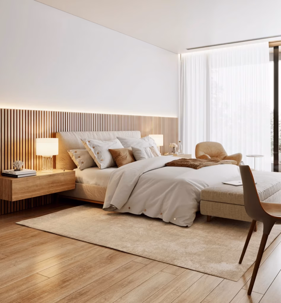 Modern beige bedroom with full-height slatted timber headboard wall, LED strip lighting, floating oak bedside table, upholstered bed and neutral rug. Bedside table: OhhDarlingDesigns via Etsy