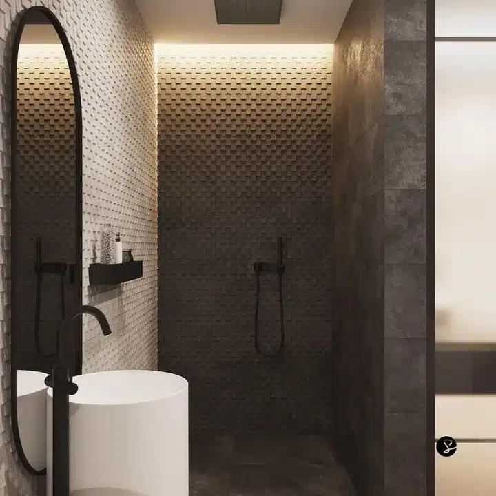 Black and white bathroom shower with textured stone feature wall and Image Dark tile surround