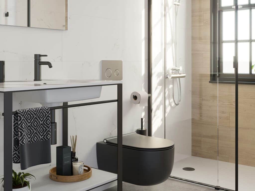 Small black and white bathroom with Marmol Carrara Blanco marble tile and black console