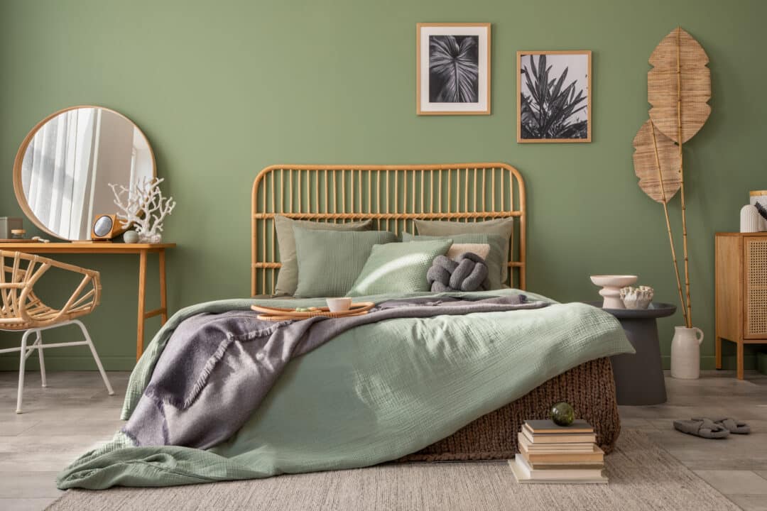 Green and beige bedroom palette with warm neutrals and soft texture