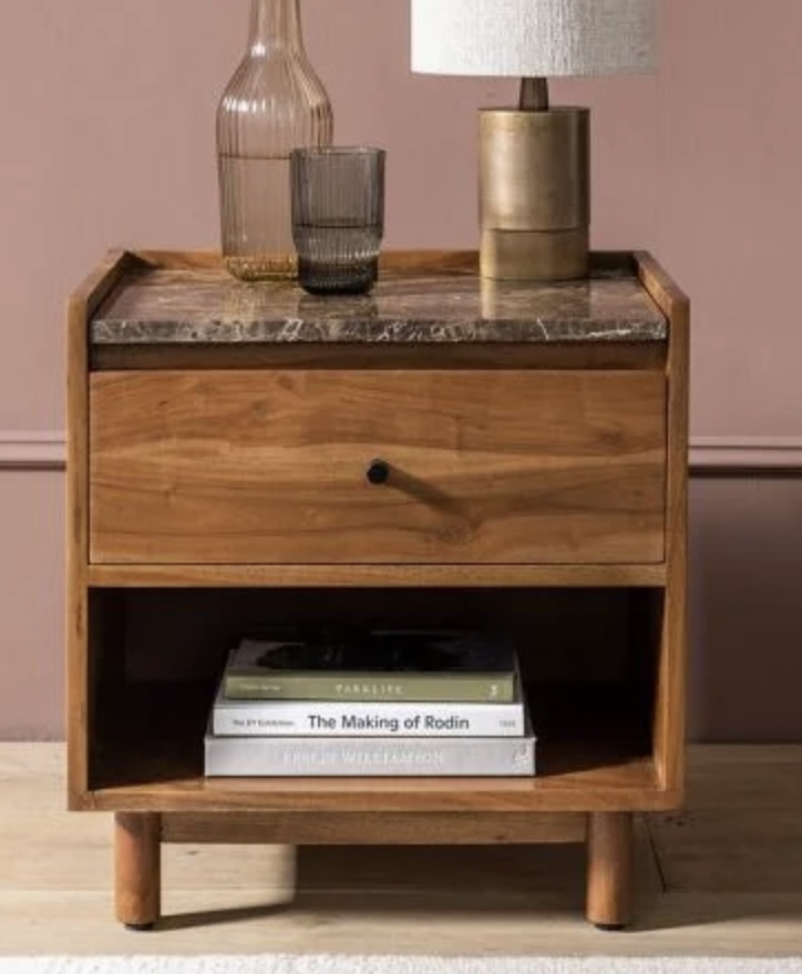 Wooden bedside table with marble top and open shelf, ideal for adding earthy tones and elegance to beige bedroom decor.