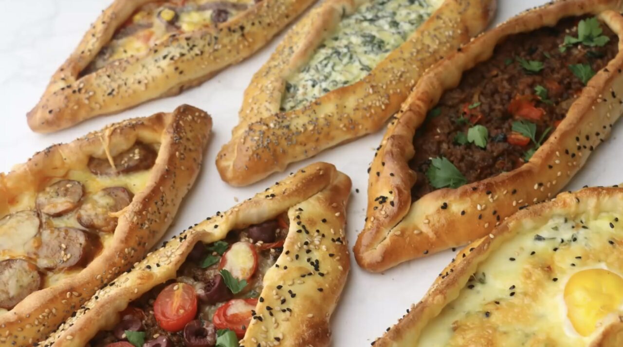 Turkish pide pizza with minced beef topping