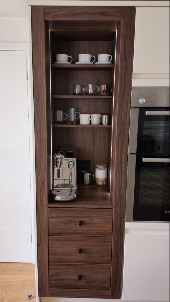 coffee bar cabinet insert, easy fit larder unit with open shelving for mugs and machine