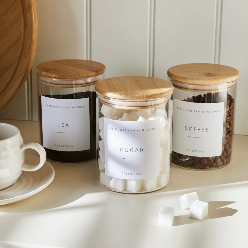 personalised tea, coffee and sugar canister set with bamboo lids for a coffee station