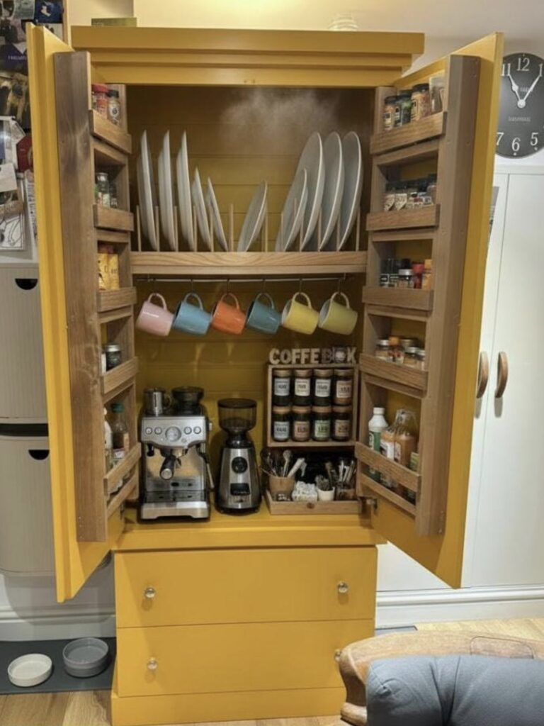 Felix handcrafted pantry larder coffee station in a mustard yellow finish with plate rack