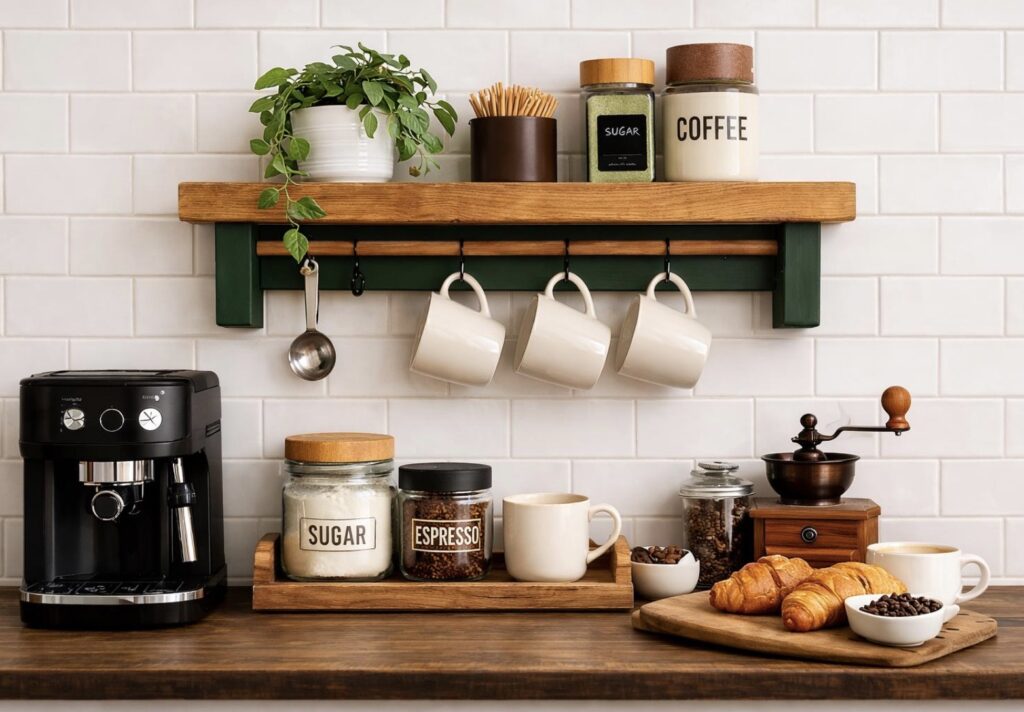handmade wall-mounted coffee station shelf with mug rail and hooks