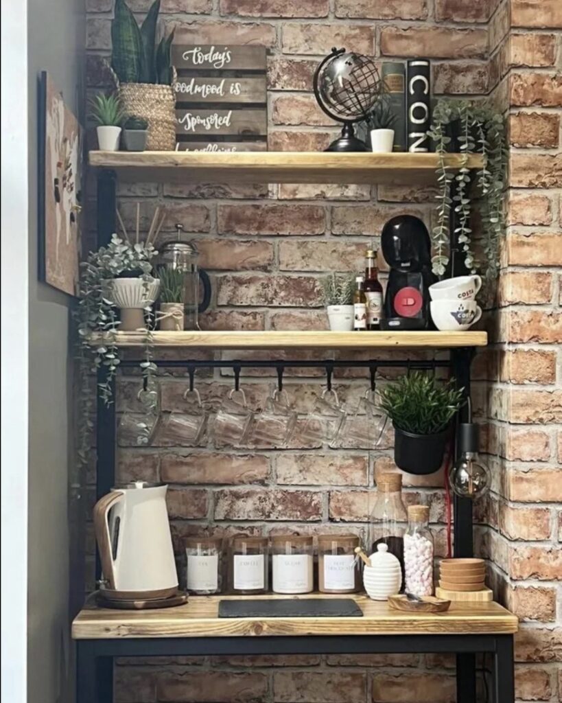 rustic industrial coffee station shelving unit against exposed brick with hanging glasses and jars