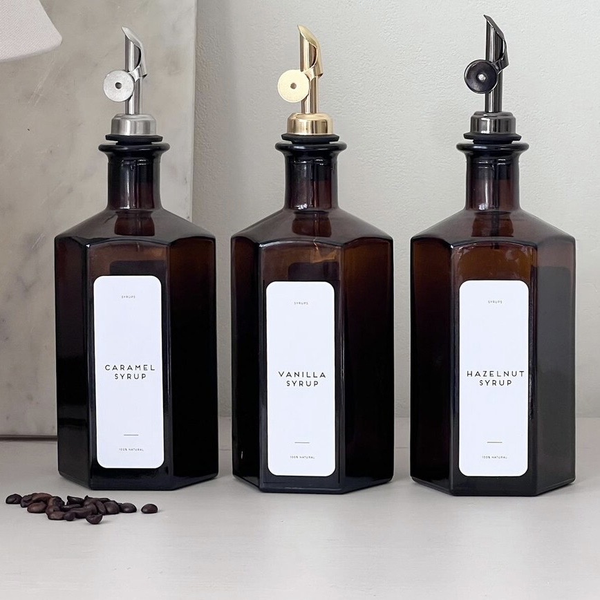 amber hexagon syrup dispensers for vanilla, caramel and hazelnut syrup – coffee station essentials