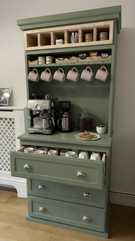 handcrafted Windsor larder dresser coffee station in a Farrow and Ball green finish with mug rail