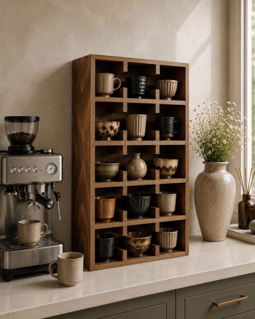 wooden compartmentalised mug storage shelf styled beside an espresso machine – coffee station ideas