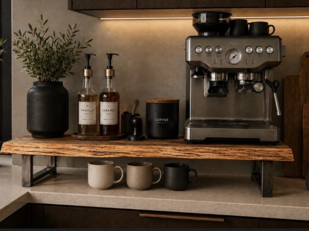 luxury solid oak coffee station machine stand with raw steel legs, styled with syrups and cups