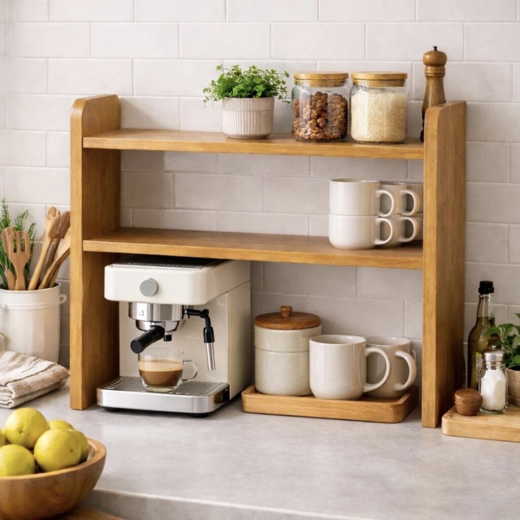 solid pine two-tier kitchen counter shelf used as a coffee station spice organiser