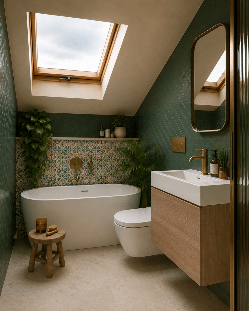 Small loft bathroom idea with green herringbone wall tiles, patterned feature tiles behind the bath, limestone-effect floor tiles, brass fittings, wall-hung toilet, oak vanity unit and skylight in a modern boutique-style attic bathroom visualisation by Artisan Haus.