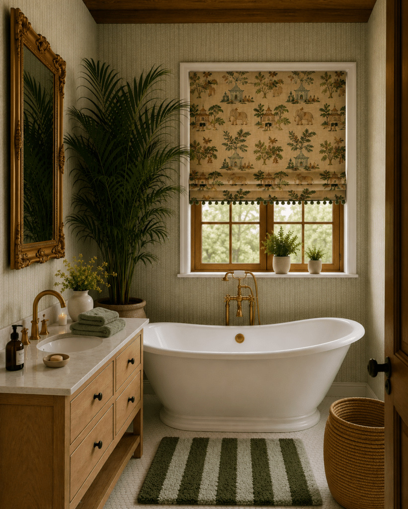 Rustic bathroom with oak vanity, freestanding bath, botanical Roman blind, striped green bath mat and lush palm plant in a warm country-style interior.