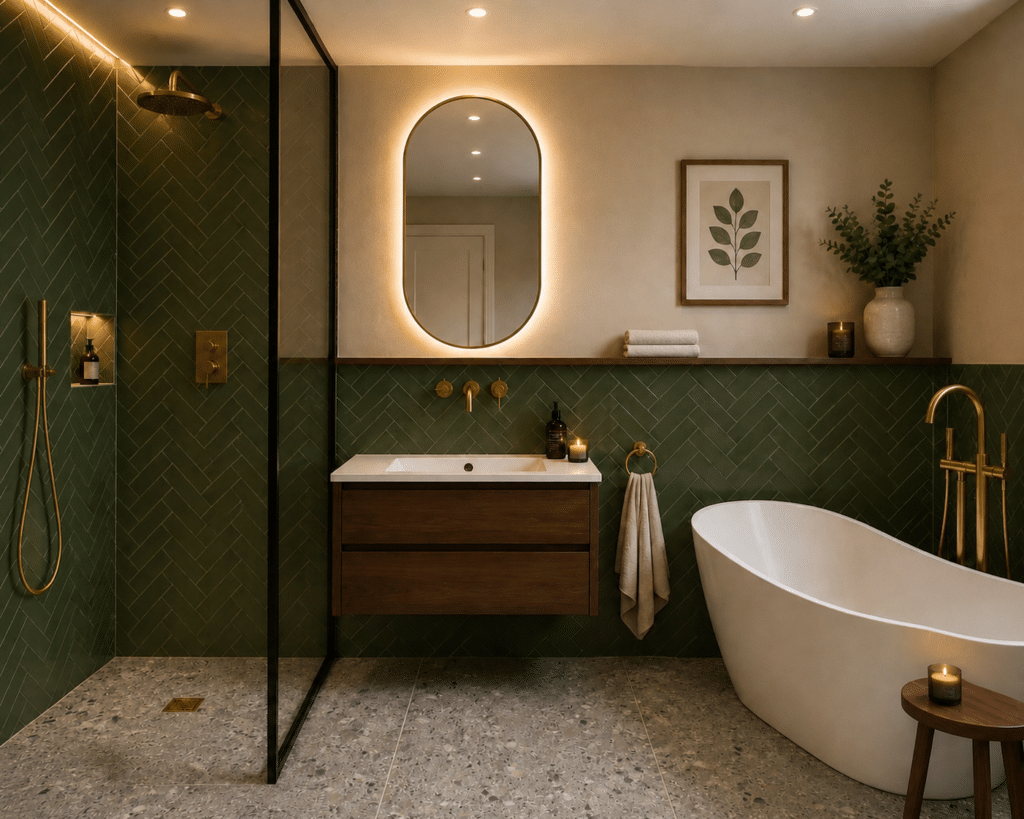 Luxury green bathroom ideas featuring deep green herringbone bathroom tiles, terrazzo flooring, brass fittings, a floating walnut vanity and freestanding bath in a modern spa-inspired space.
