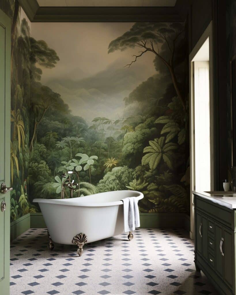 Forest green bathroom with tropical rainforest mural wallpaper, clawfoot bath on checker floor and dark green painted cabinetry