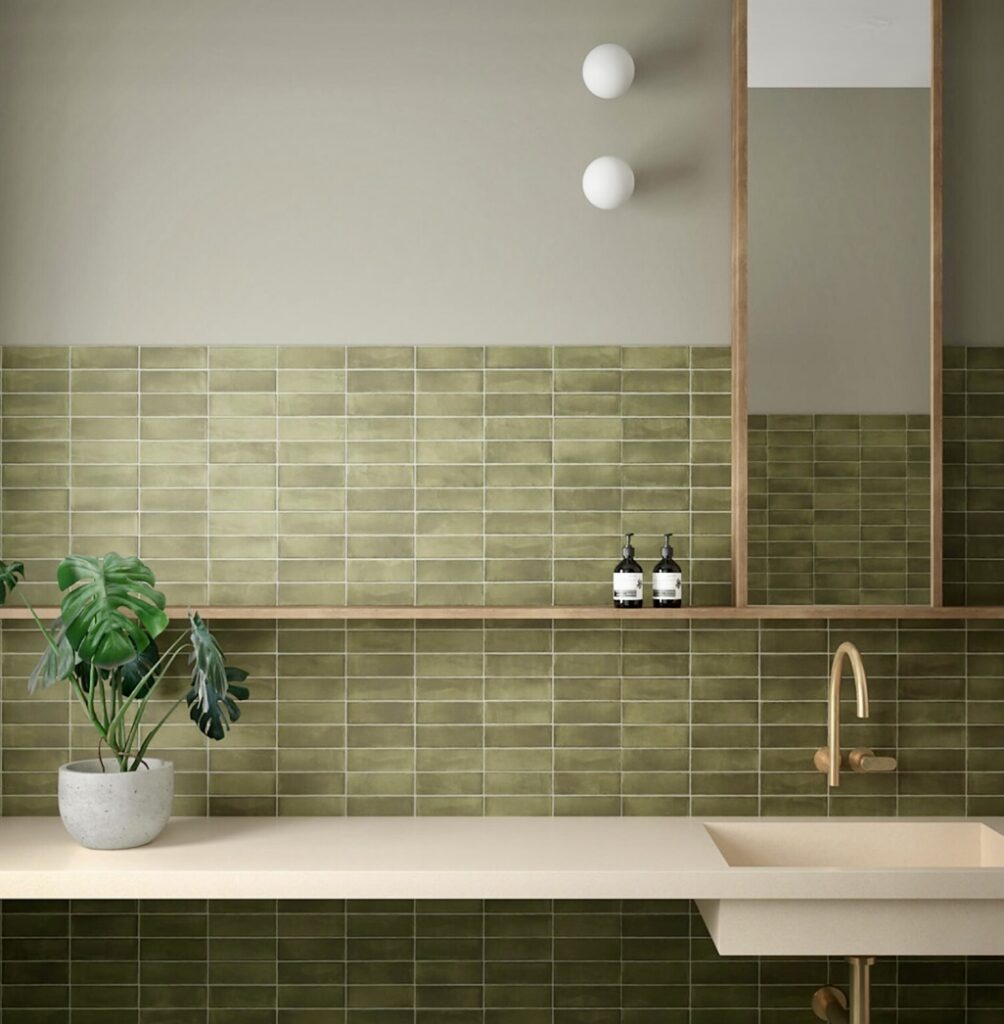 Bathroom vanity with Atlas Green Matt Moroccan wall tiles and wooden shelving – green bathroom ideas