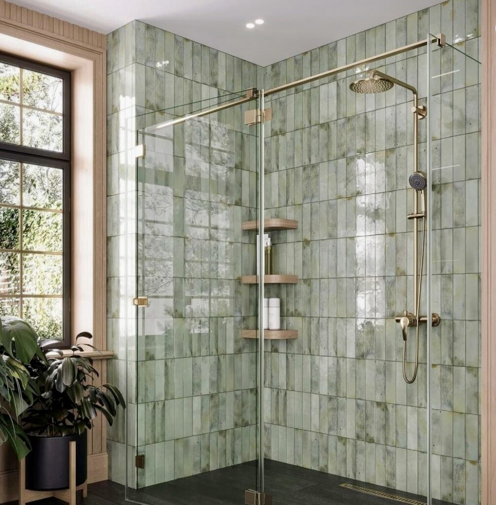 Walk-in shower with Beijing Celadon Gloss Moroccan wall tiles and brass fittings – green bathroom ideas