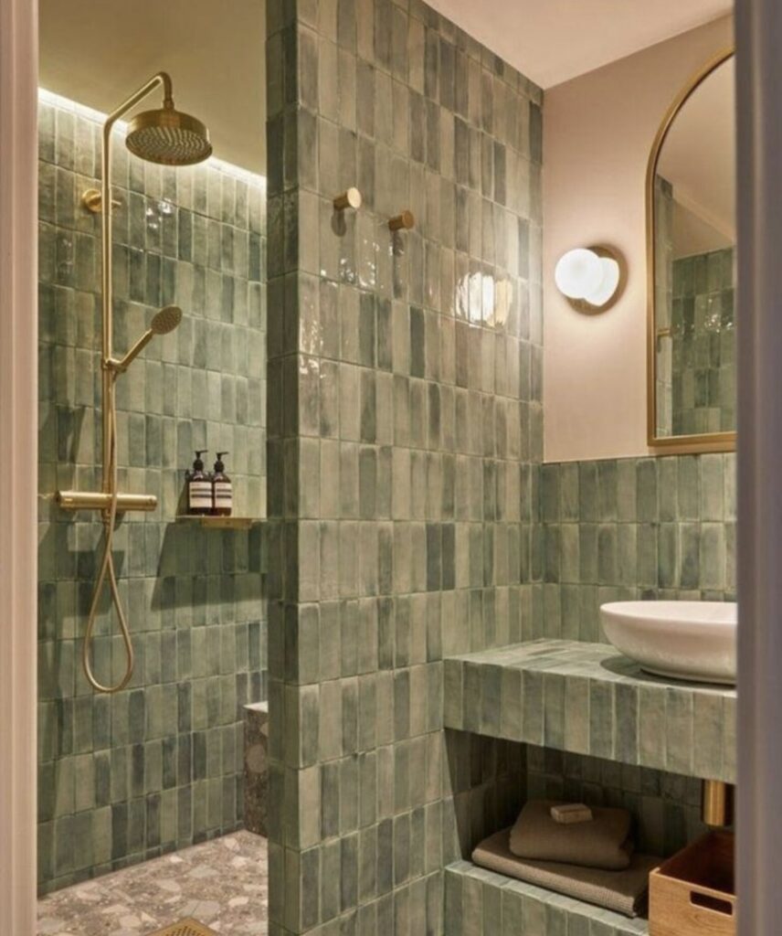 Green bathroom ideas with Beijing Celadon Gloss Moroccan wall tiles and brass shower fittings