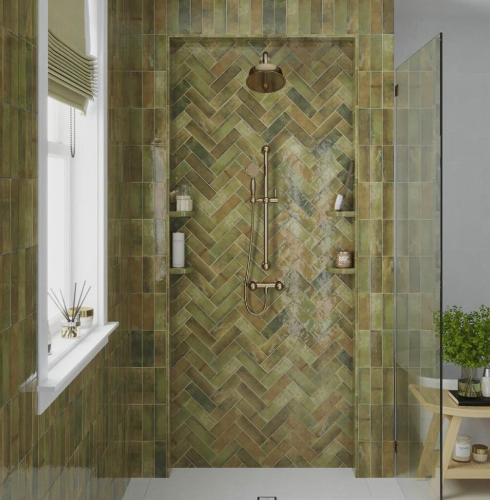 Shower with Beijing Olive Gloss Moroccan wall tiles in herringbone pattern – green bathroom ideas