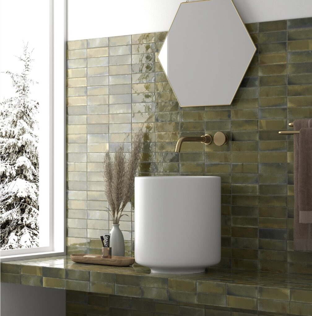 Bathroom vanity with Beijing Olive Gloss Moroccan wall tiles and round vessel sink – green bathroom ideas