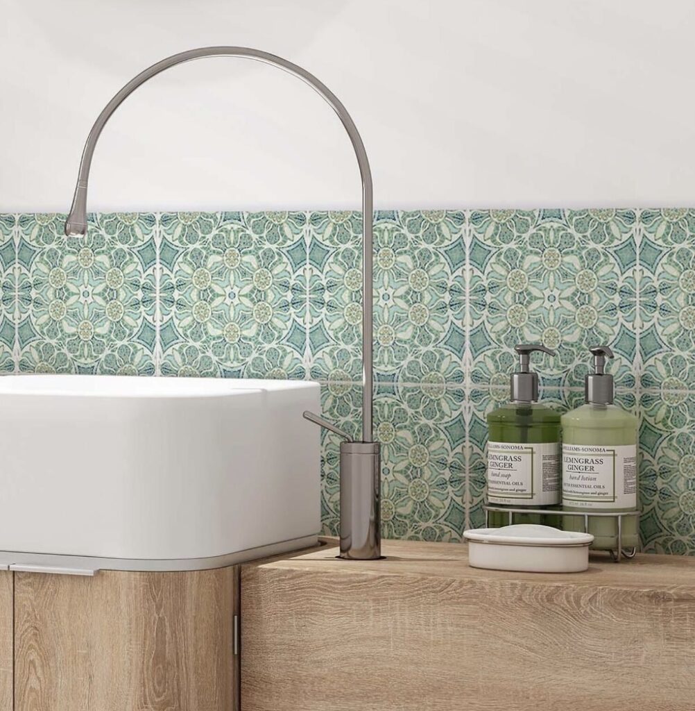 Green bathroom ideas with Art Nouveau aqua patterned tiles and wooden vanity